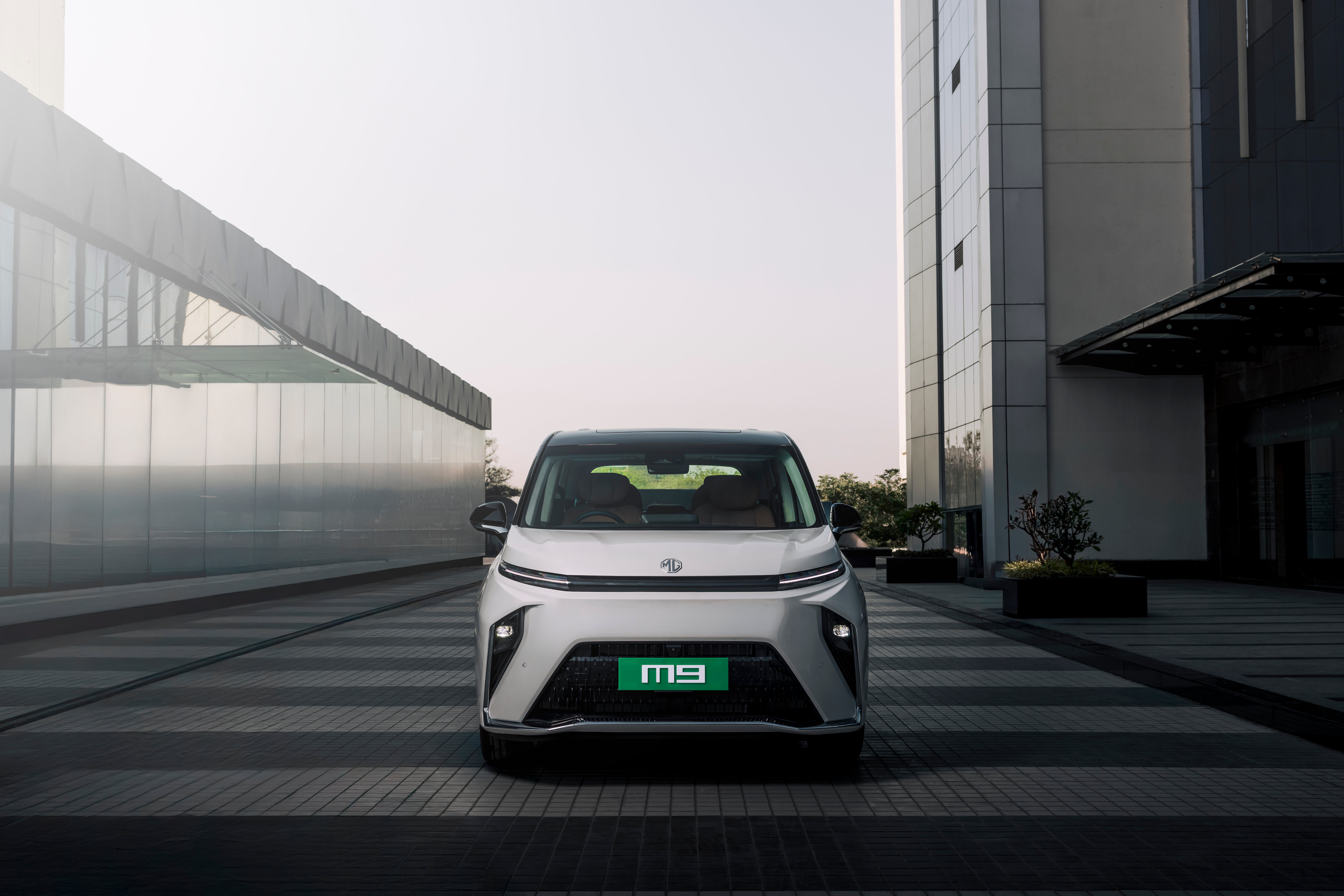 Front view of a Pearl White with Black Roof MG M9