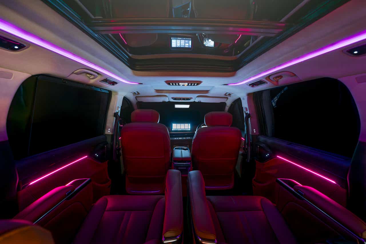 interior cabin view of an MG M9 with ambient lighting