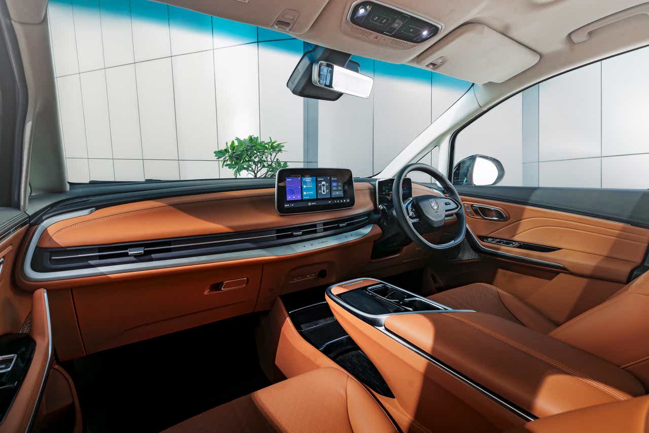 Interior dashboard view of an MG M9