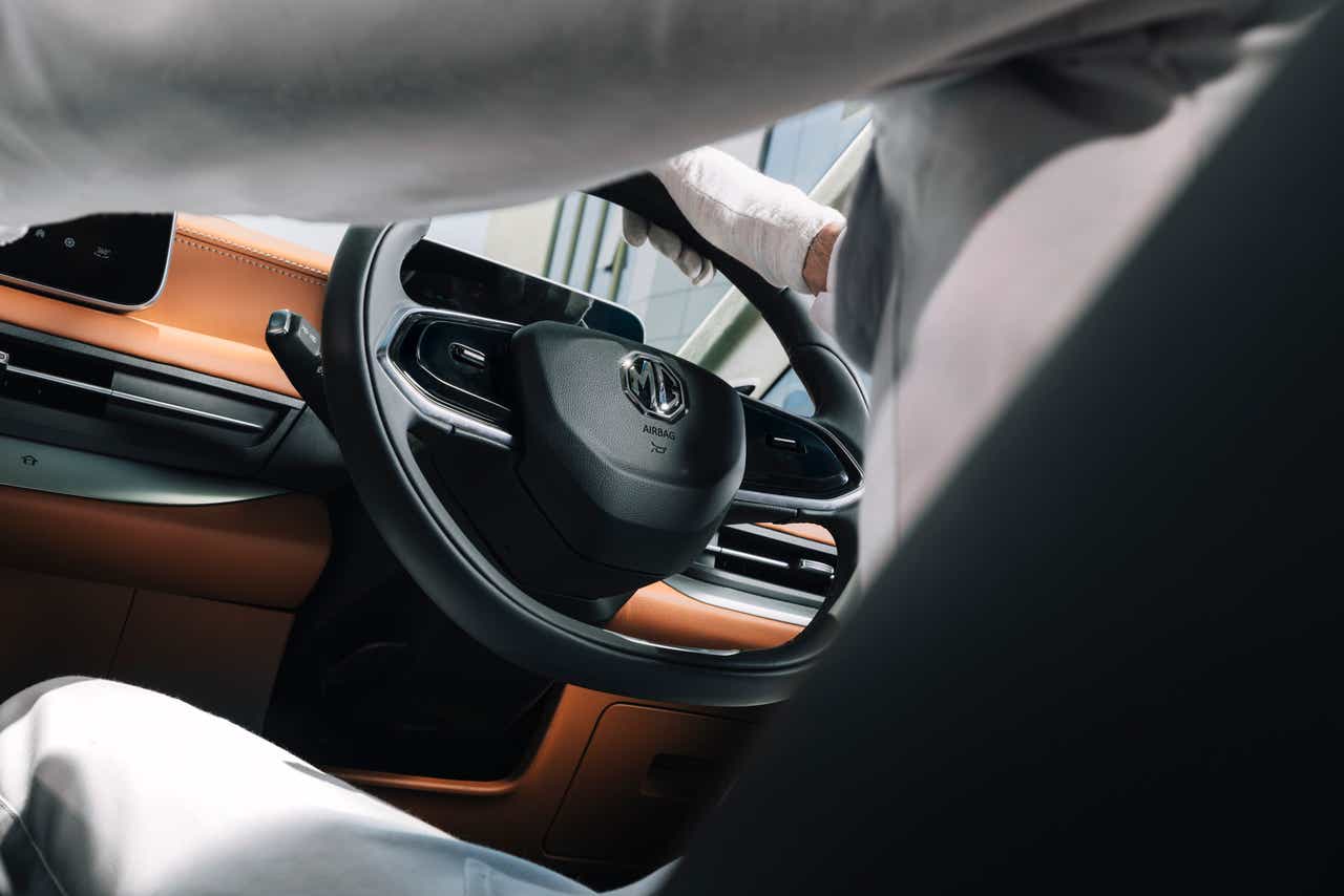steering wheel and dashboard of a MG M9