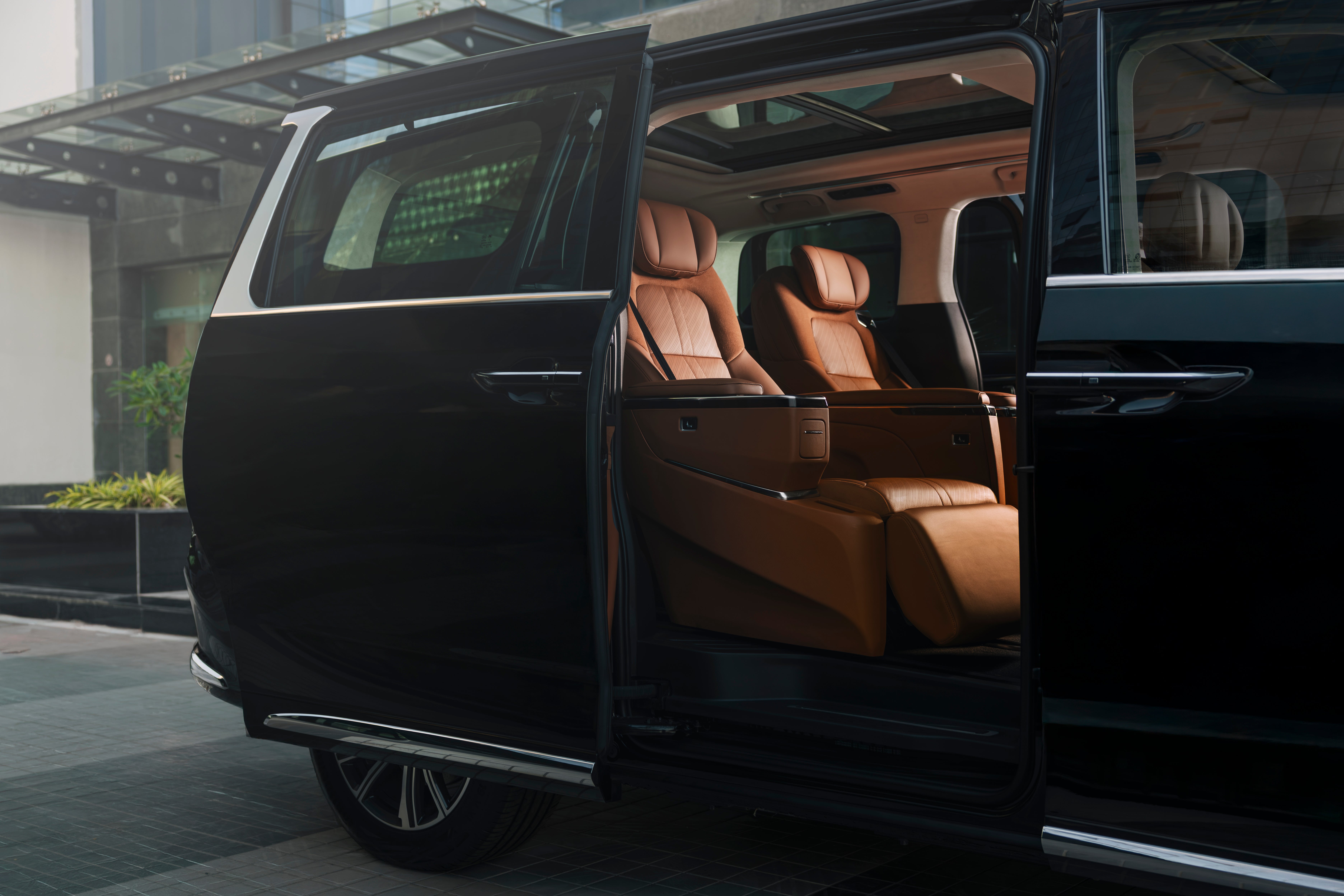Rear passenger seat view of a Metal Black MG M9