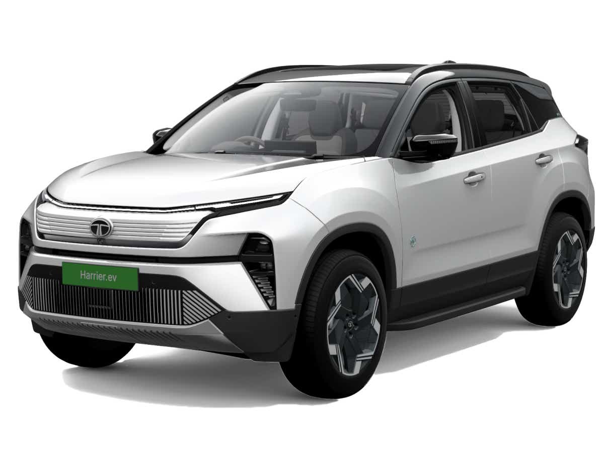 front three-quarter view of a Pristine White Tata Harrier EV