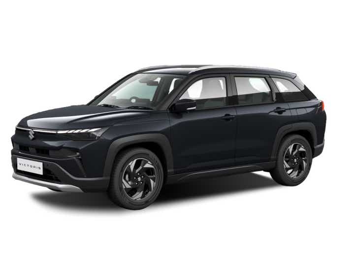 front three-quarter of a Bluish Black Maruti Suzuki Victoris