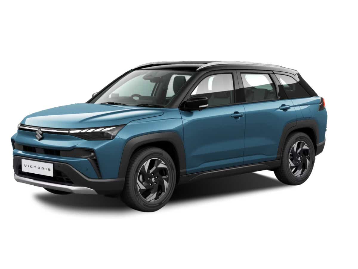 front three-quarter of a Eternal Blue with Bluish Black Roof Maruti Suzuki Victoris