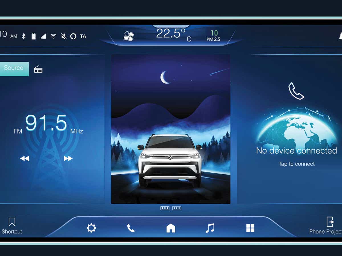 Dashboard display with central front view of a Maruti Suzuki Victoris