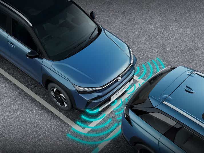 front parking sensor view of a Eternal Blue with Bluish Black Roof Maruti Suzuki Victoris