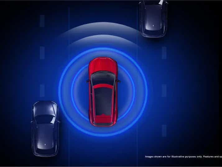 top view of a Crimson Red Vinfast VF7 with digital radar waves