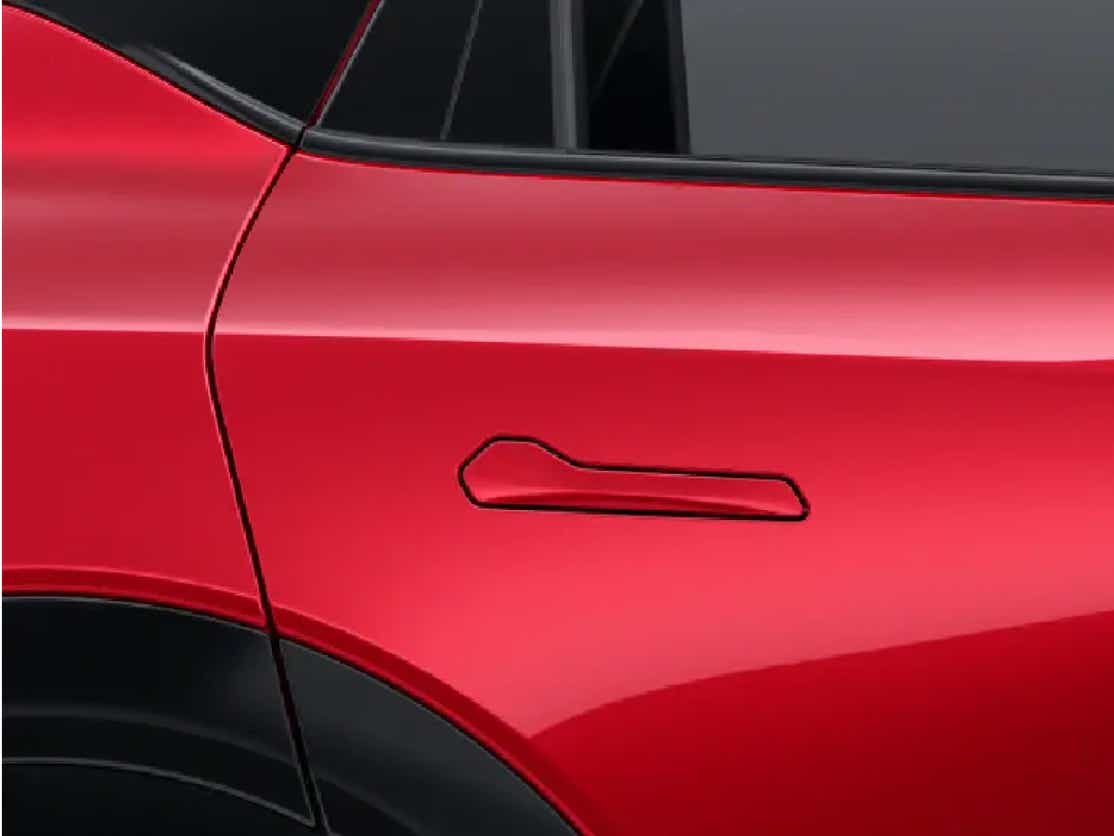 Rear door handle section of a Crimson Red Vinfast VF7