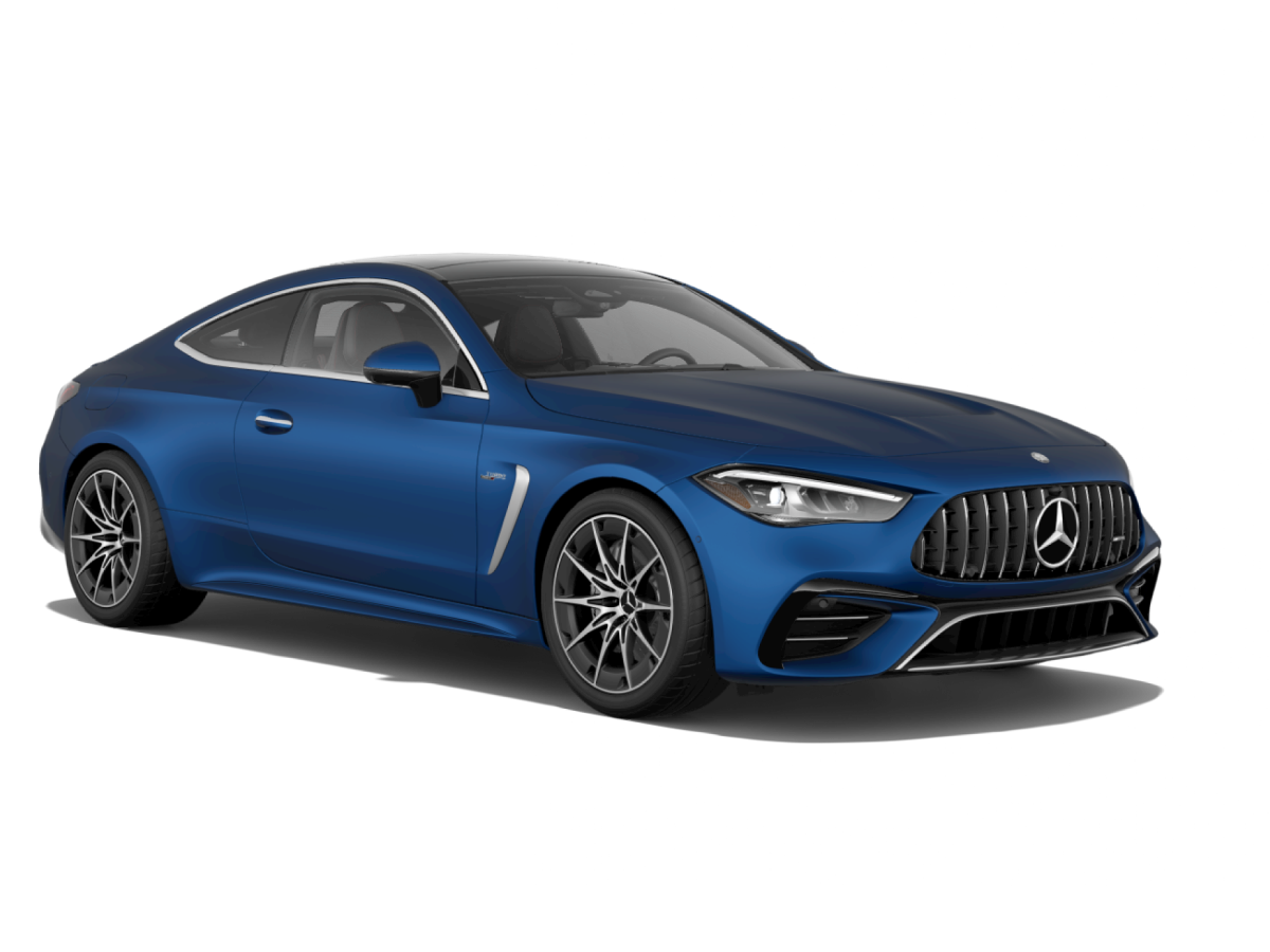 front three-quarter view of a Spectral Blue Magno Mercedes-Benz AMG CLE 53 Coupe