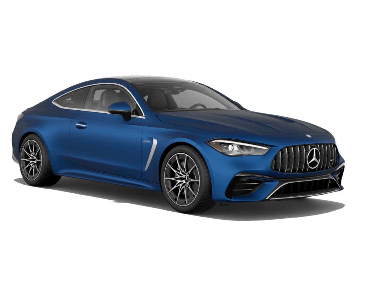 front three-quarter view of a Spectral Blue Magno Mercedes-Benz AMG CLE 53 Coupe