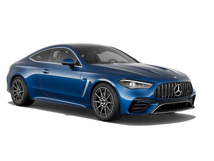 front three-quarter view of a Spectral Blue Magno Mercedes-Benz AMG CLE 53 Coupe