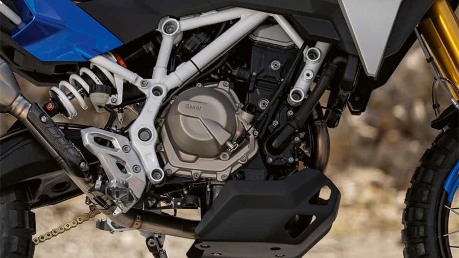 Engine and frame close-up of a BMW F 450 GS