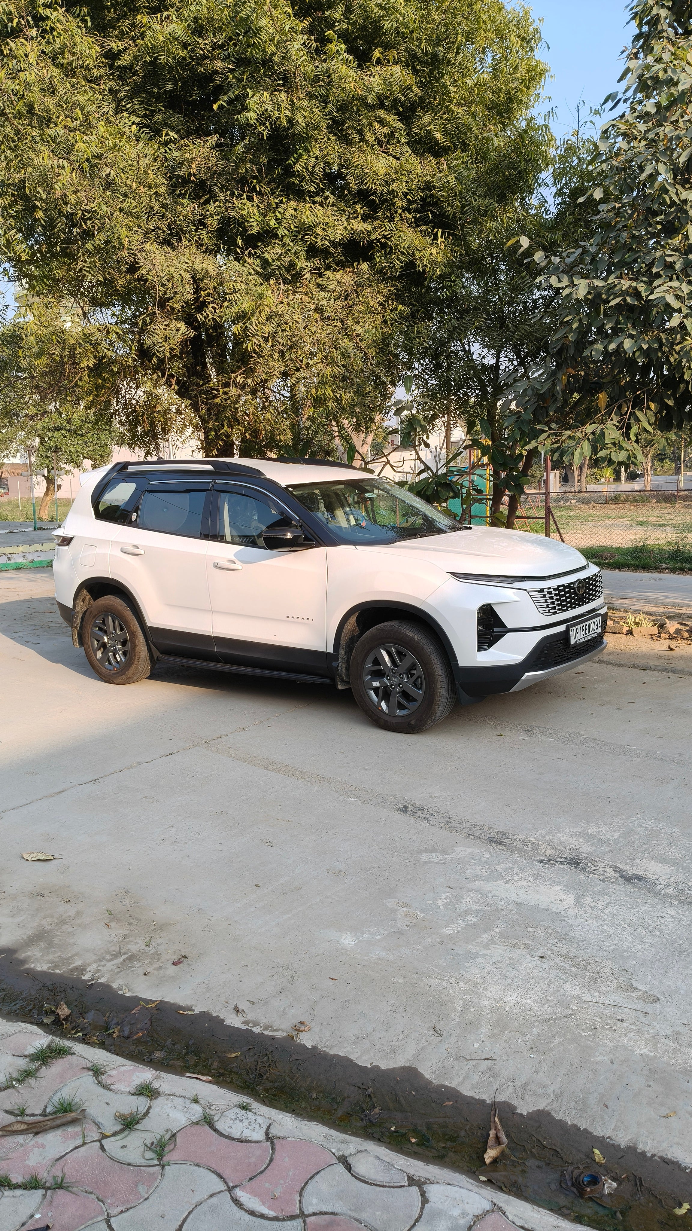 Front three-quarter of a stellar frost Tata Safari