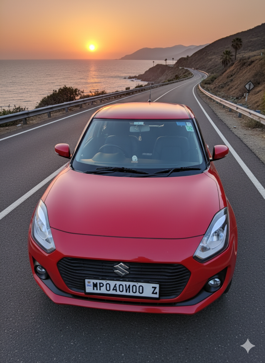 Front view of a Sizzling Red Maruti Suzuki Swift on a coastal road at sunset