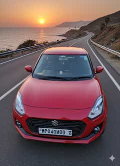 Front view of a Sizzling Red Maruti Suzuki Swift on a coastal road at sunset