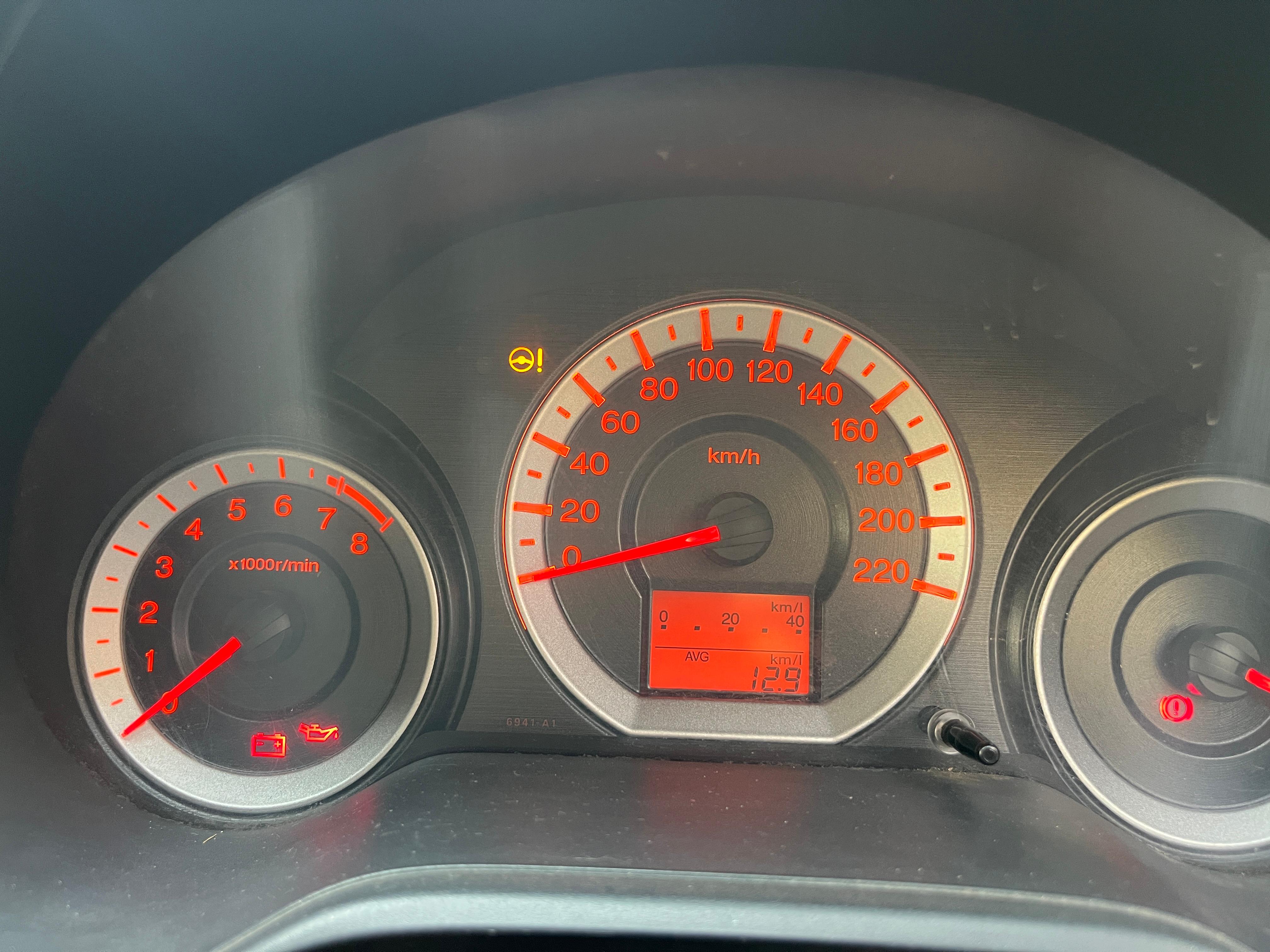 Instrument cluster of a Honda City showing speedometer and warning lights