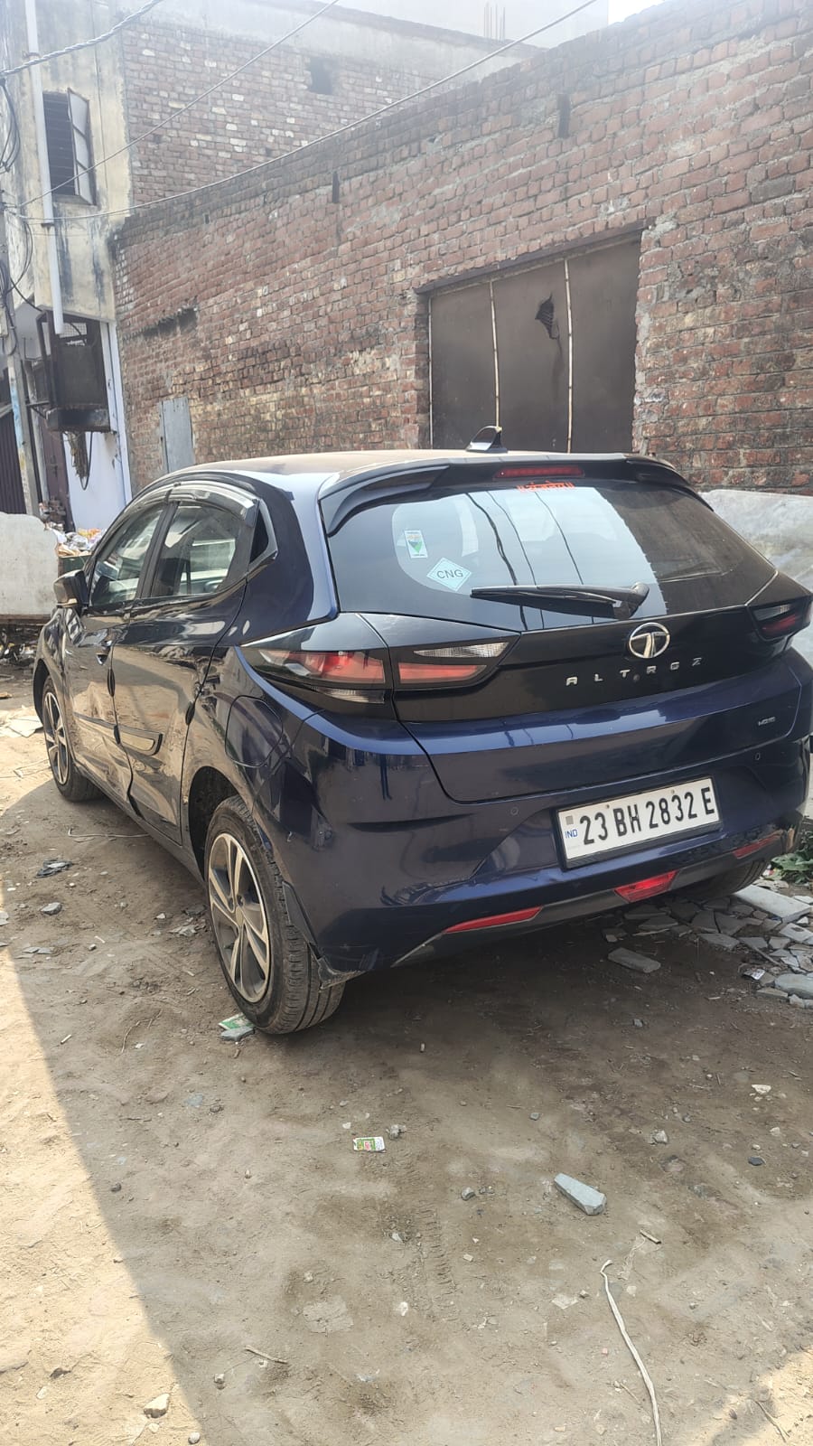 Rear three-quarter of a Royal Blue Tata Altroz