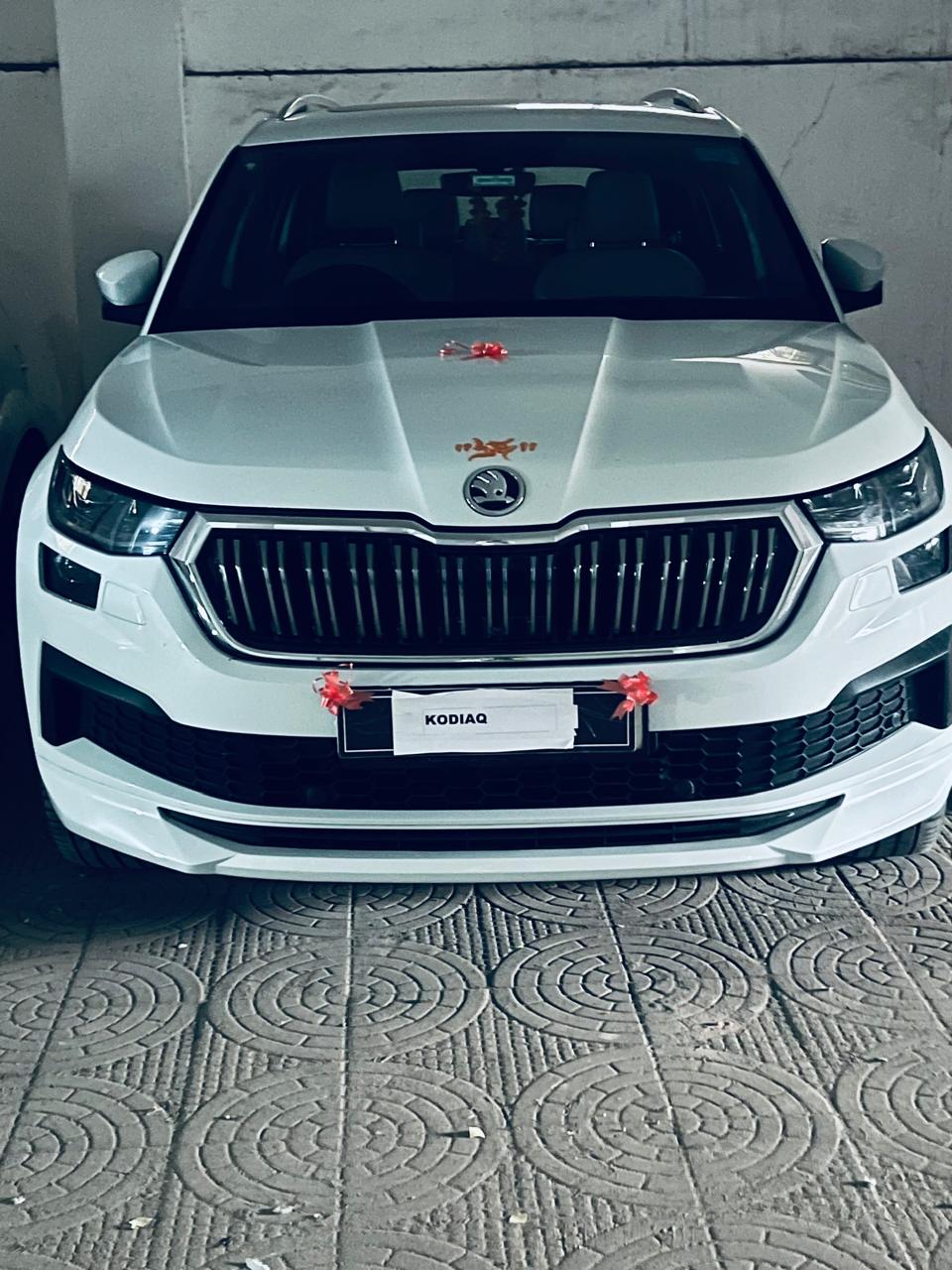 Front view of a moon white Skoda Kodiaq