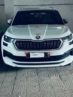 Front view of a moon white Skoda Kodiaq