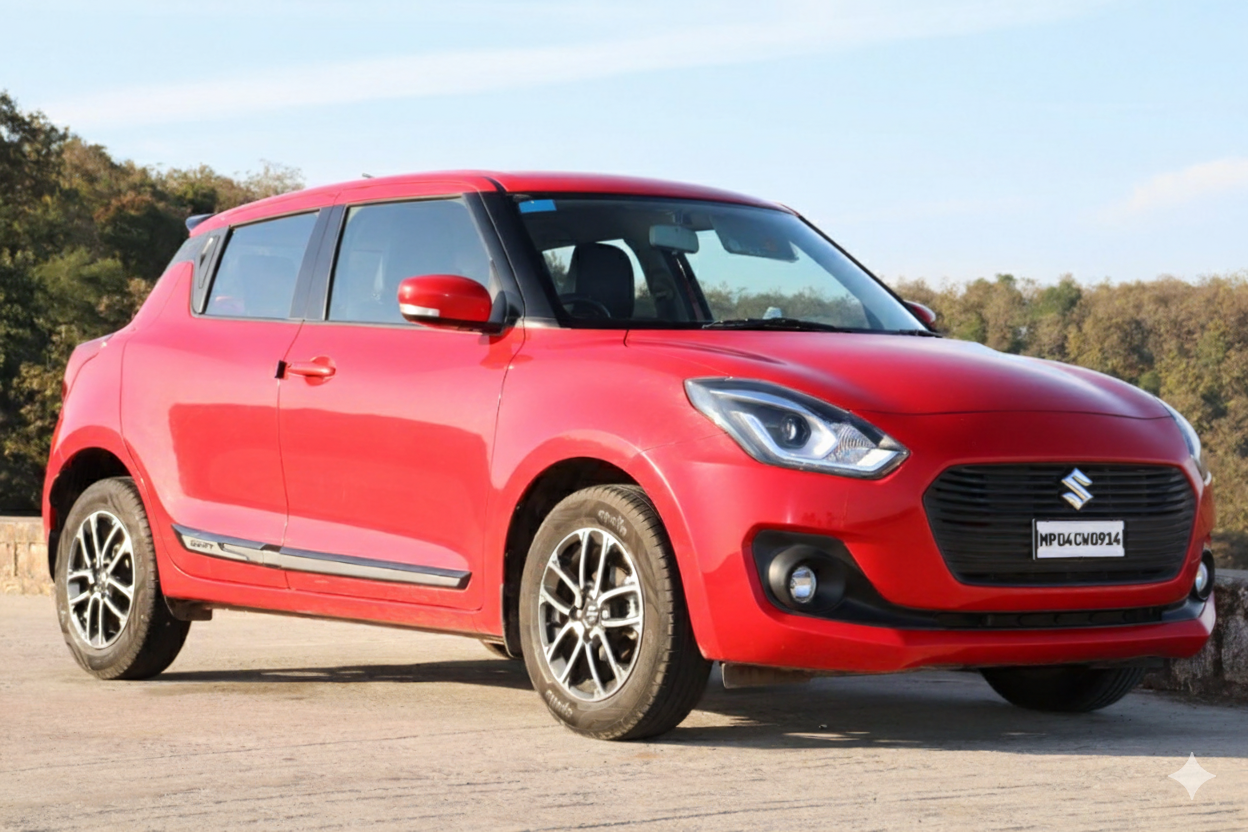 Front three-quarter of a Sizzling Red Maruti Suzuki Swift