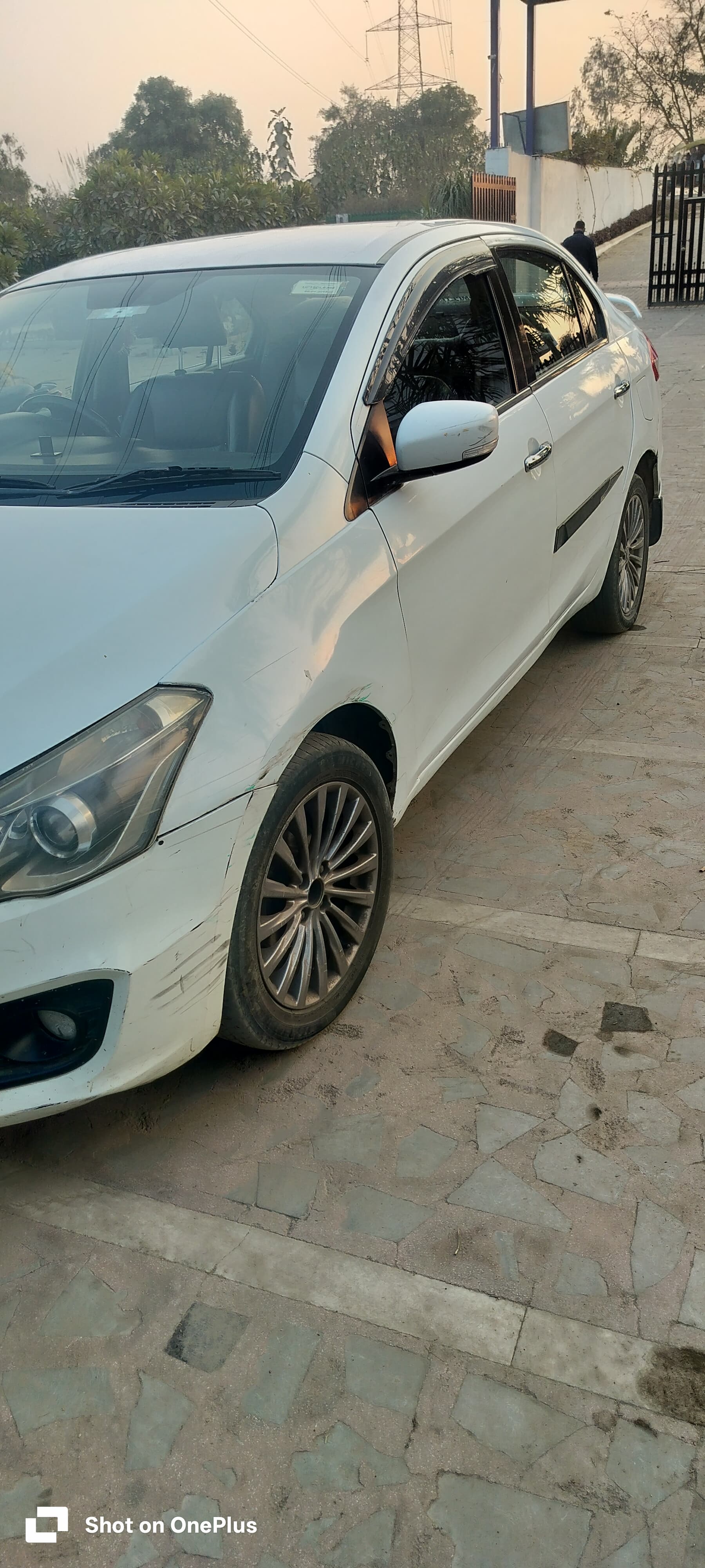 Front-side view of a Pearl Arctic White Maruti Suzuki Ciaz
