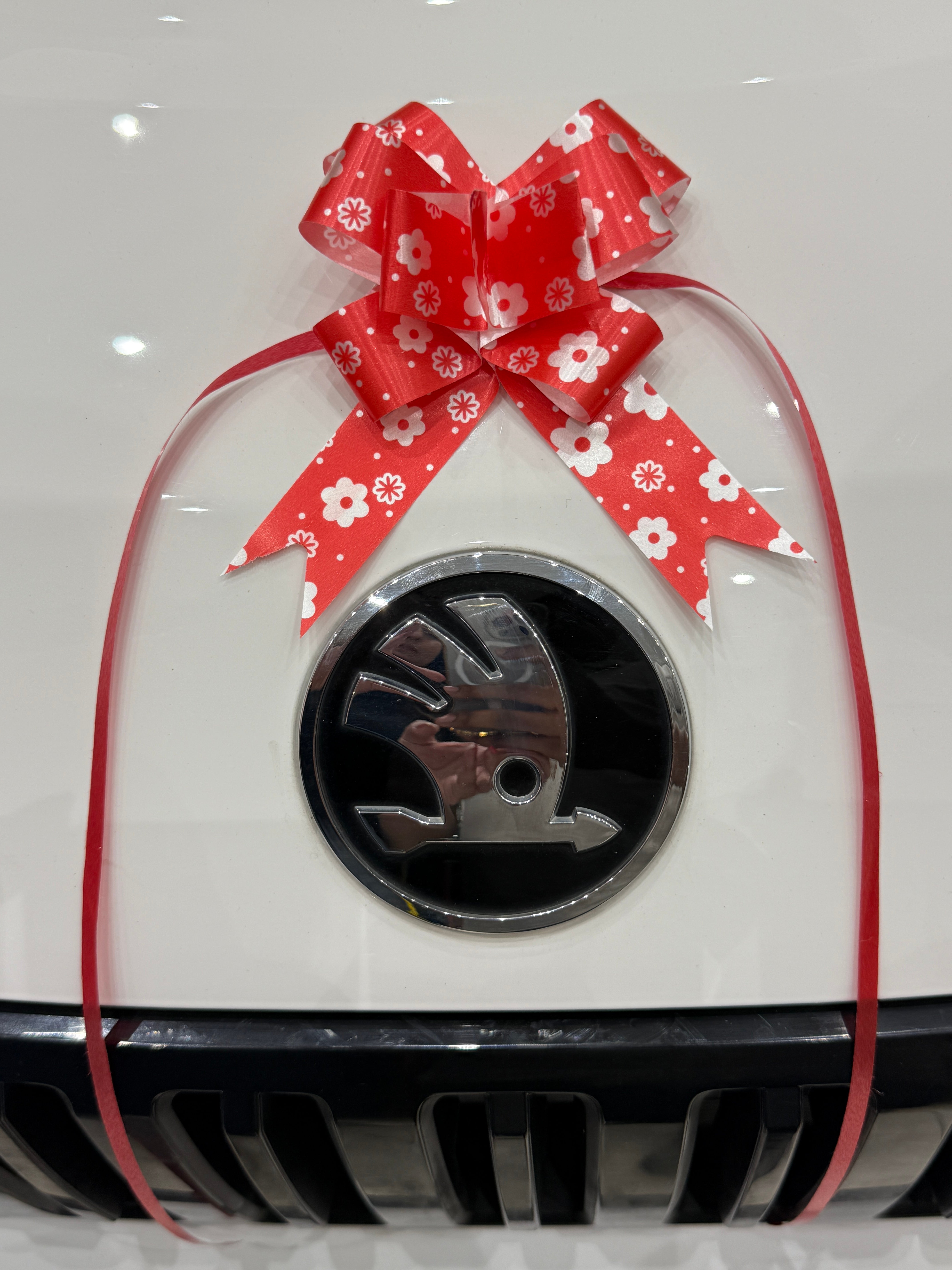 Front grille and emblem close-up of a Candy White Skoda Kylaq