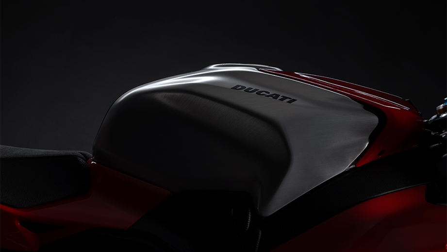 Fuel tank close-up of a Ducati Red Ducati Panigale V4 R