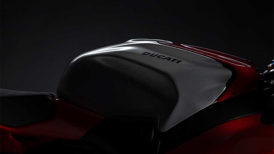 Fuel tank close-up of a Ducati Red Ducati Panigale V4 R