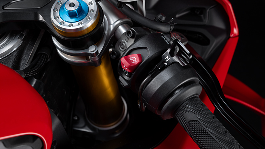 Handlebar controls close-up of a Ducati Red Ducati Panigale V4 R