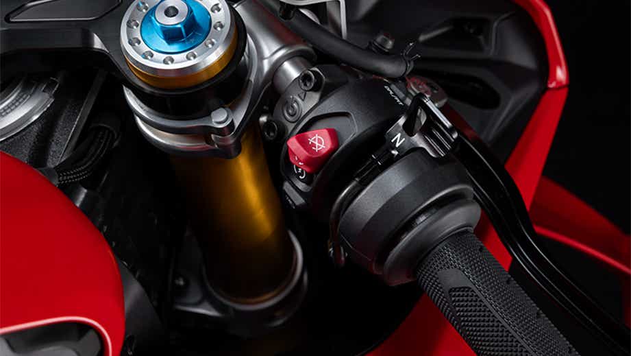 Handlebar controls close-up of a Ducati Red Ducati Panigale V4 R