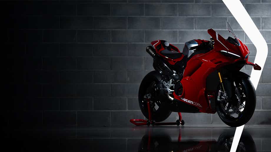 Front three-quarter view of a Ducati Red Ducati Panigale V4 R