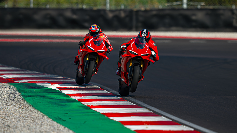 On-track action of a Ducati Red Ducati Panigale V4 R
