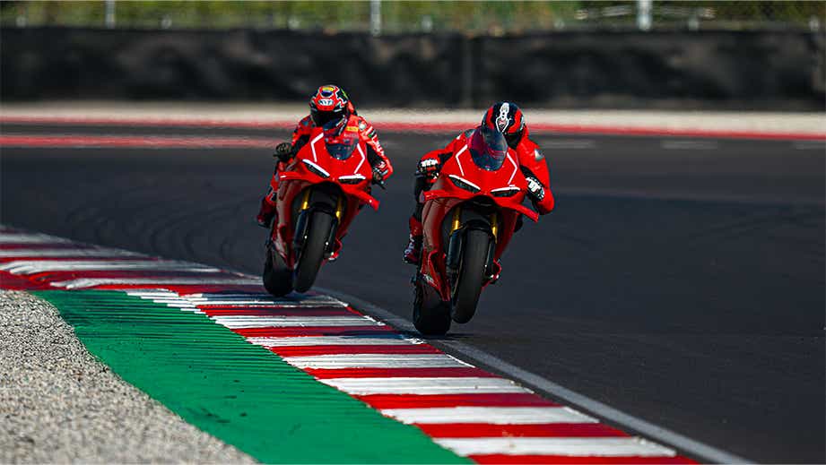 On-track action of a Ducati Red Ducati Panigale V4 R