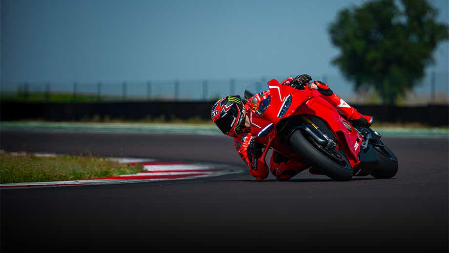 Track action shot of a Ducati Red Ducati Panigale V4 R