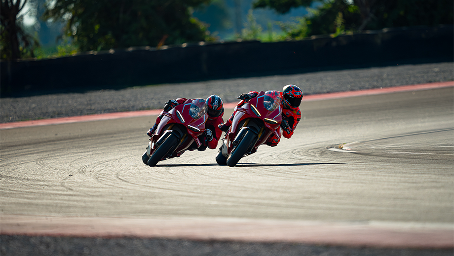 Track action of a Ducati Red Ducati Panigale V4 R