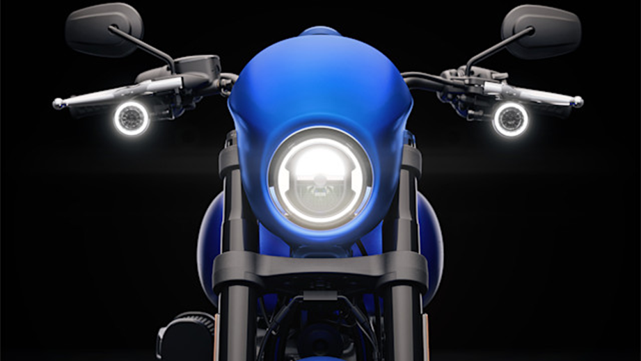 Front view of a aurora blue denim Harley-Davidson Low Rider S