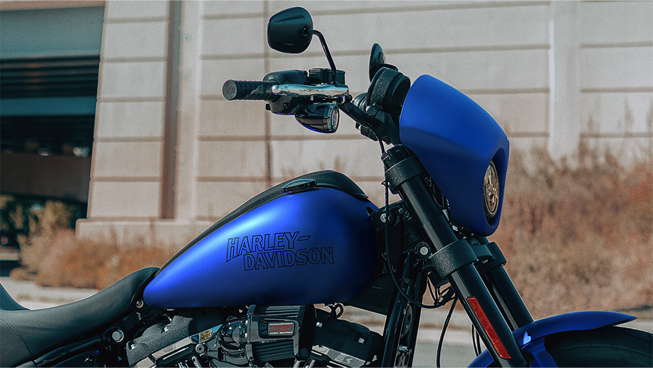 Side view of a aurora blue denim Harley-Davidson Low Rider S
