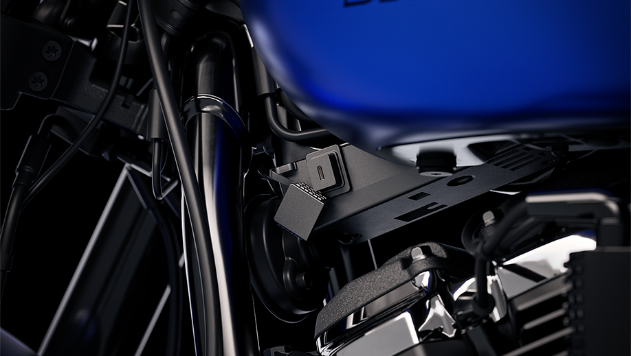 Close-up view of a aurora blue denim Harley-Davidson Low Rider S