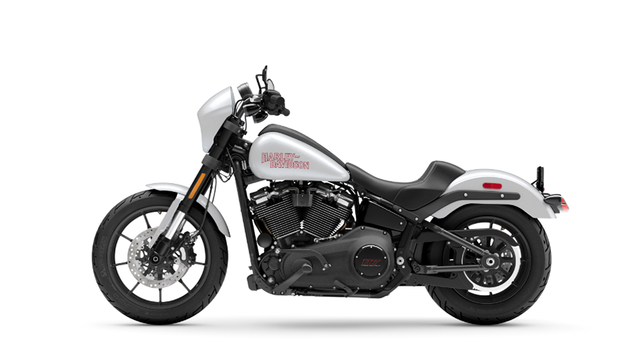 Side profile of a White Onyx Pearl Harley-Davidson Low Rider S motorcycle