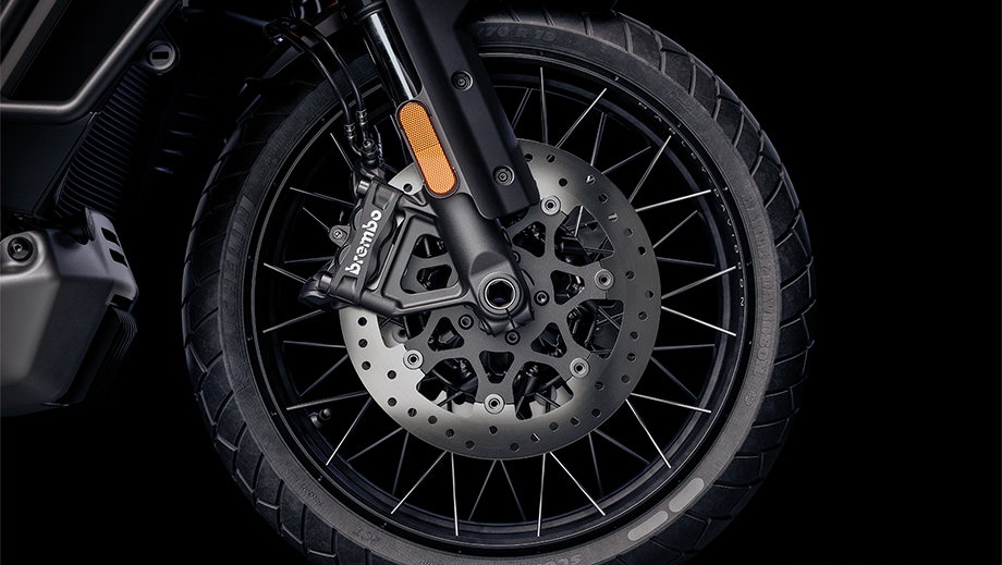 Front wheel and brake close-up of a Harley-Davidson Pan America 1250 Special