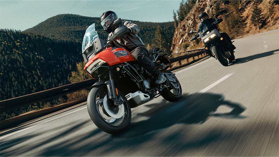 Front three-quarter view of a Harley-Davidson Pan America 1250 Special on a mountain road