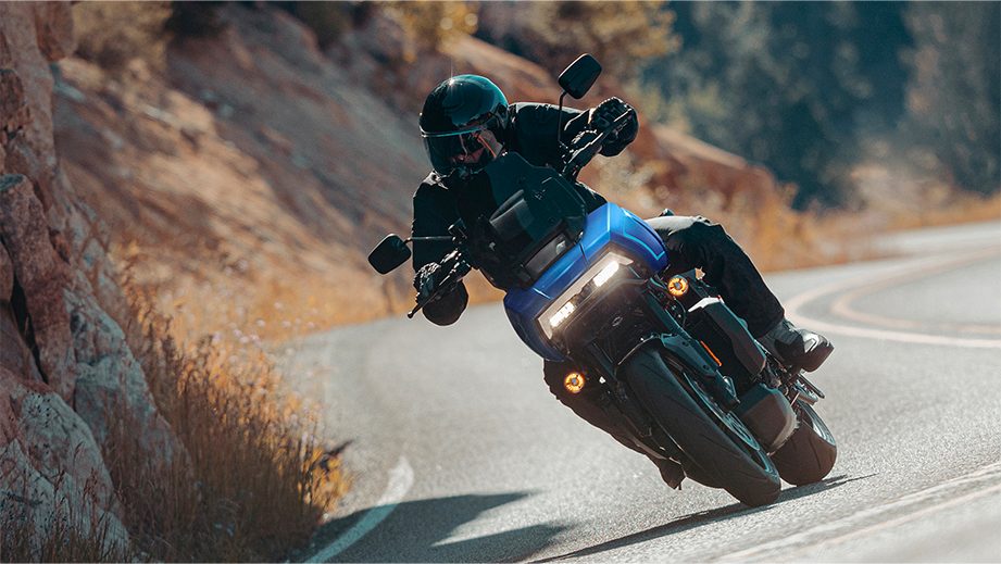 Front view of a aurora blue denim Harley-Davidson Pan America 1250 ST