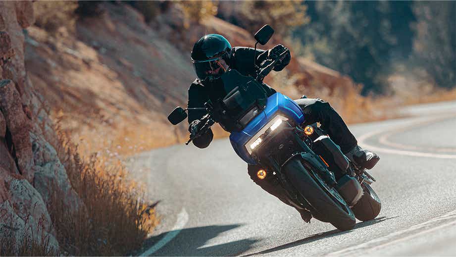 Front view of a aurora blue denim Harley-Davidson Pan America 1250 ST