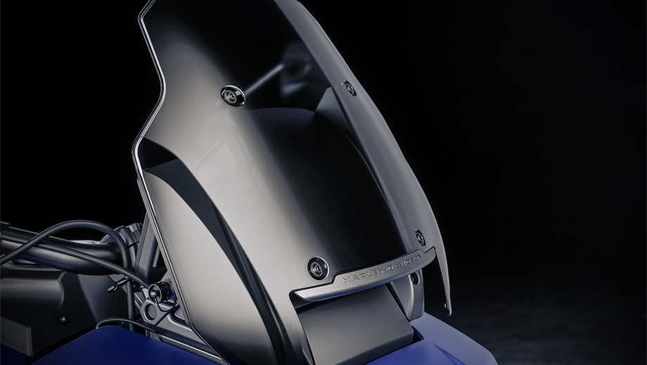 Windscreen close-up of a aurora blue denim Harley-Davidson Pan America 1250 ST