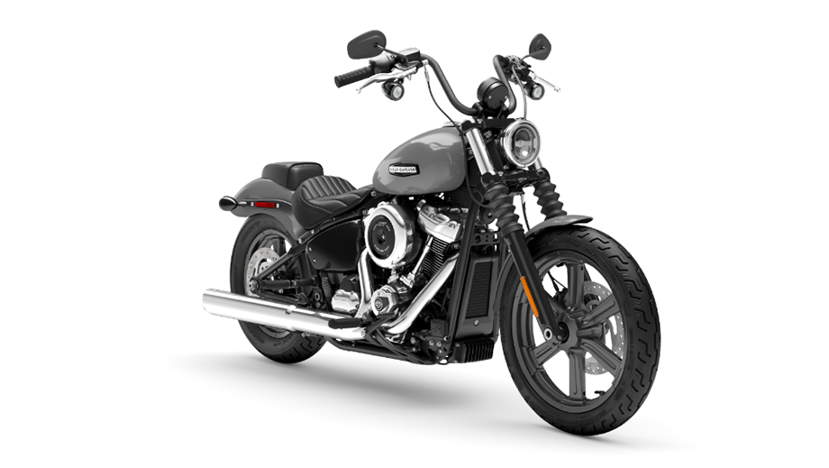 Front three-quarter view of a dark billiard grey Harley-Davidson Street Bob.
