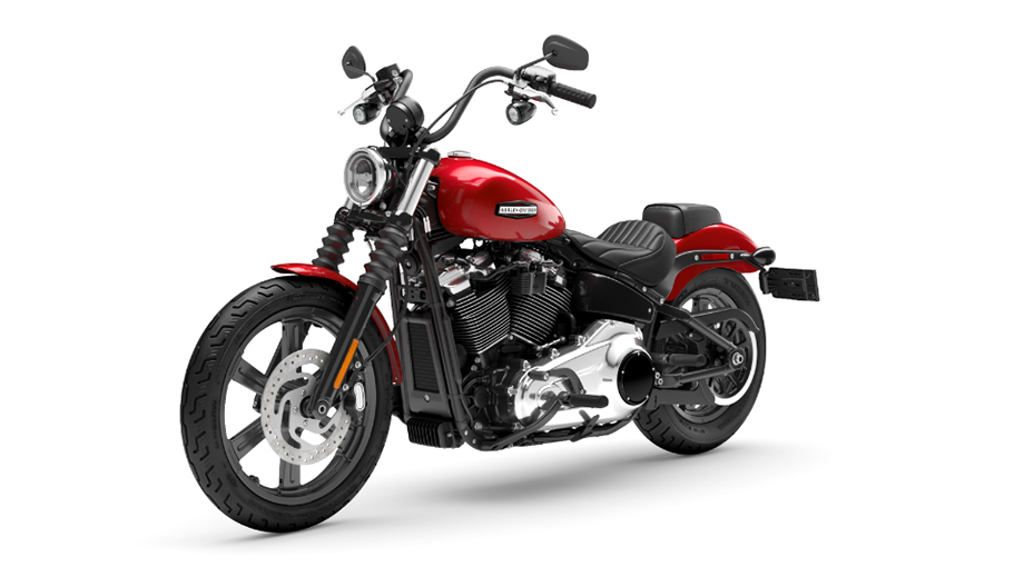 Front three-quarter view of a brilliant red Harley-Davidson Street Bob