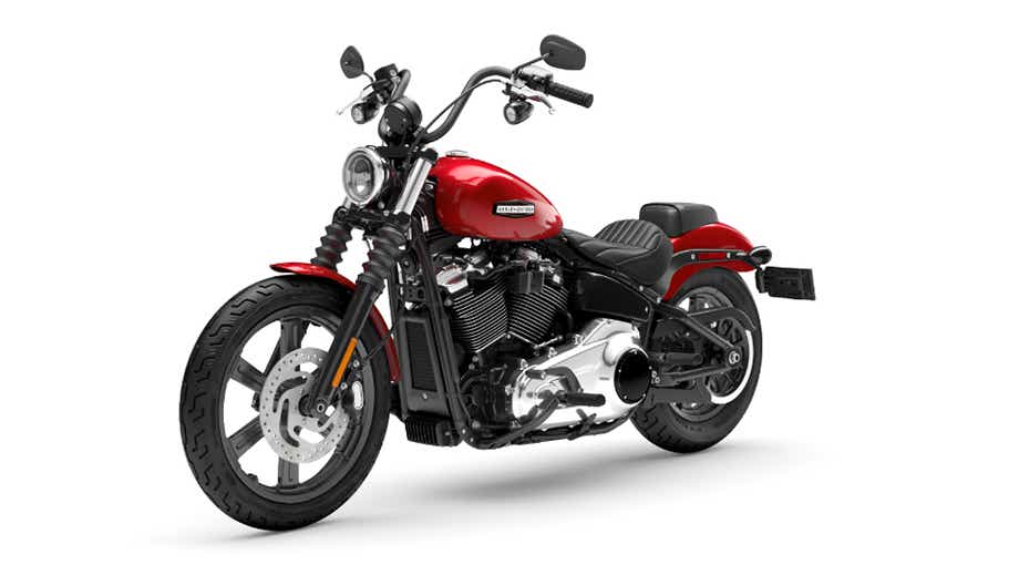 Front three-quarter view of a brilliant red Harley-Davidson Street Bob