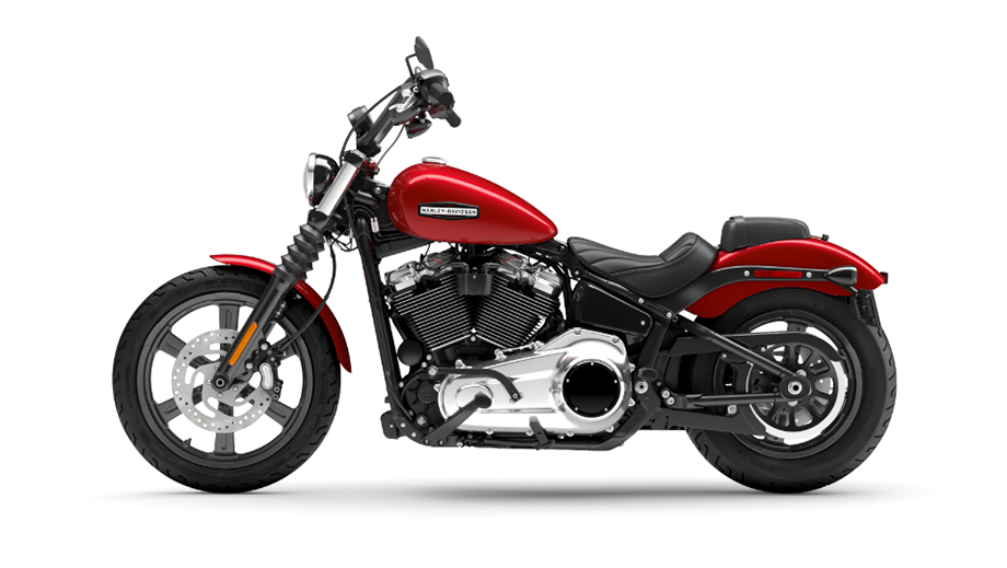 Side view of a brilliant red Harley-Davidson Street Bob