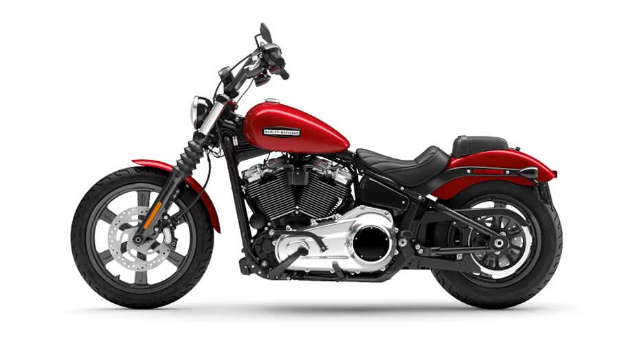 Side view of a brilliant red Harley-Davidson Street Bob
