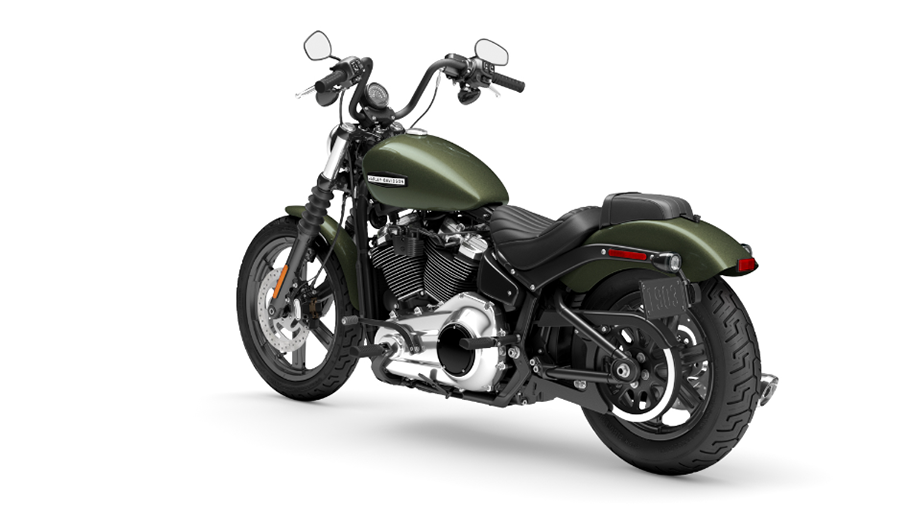 Rear three-quarter view of a Olive Steel Metallic Harley-Davidson Street Bob.